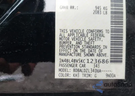 2019 Nissan Altima 2.5 S z USA, uszkodzony, nr VIN 1N4BL4BV5KC123686